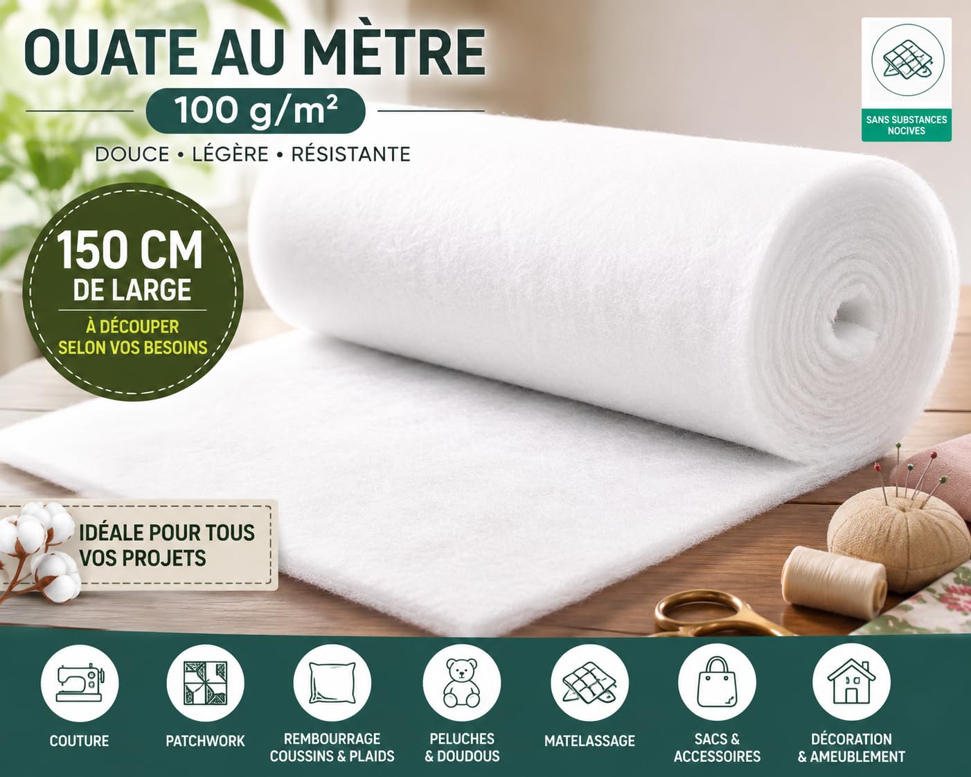 Ouate au Mètre 100 g/m² - Largeur 150 cm - Molleton 100% Polyester - Rembourrage Couture, Patchwork, Matelassage, Ameublement - Longueurs de 1 à 10 m (1000, Centimètres)