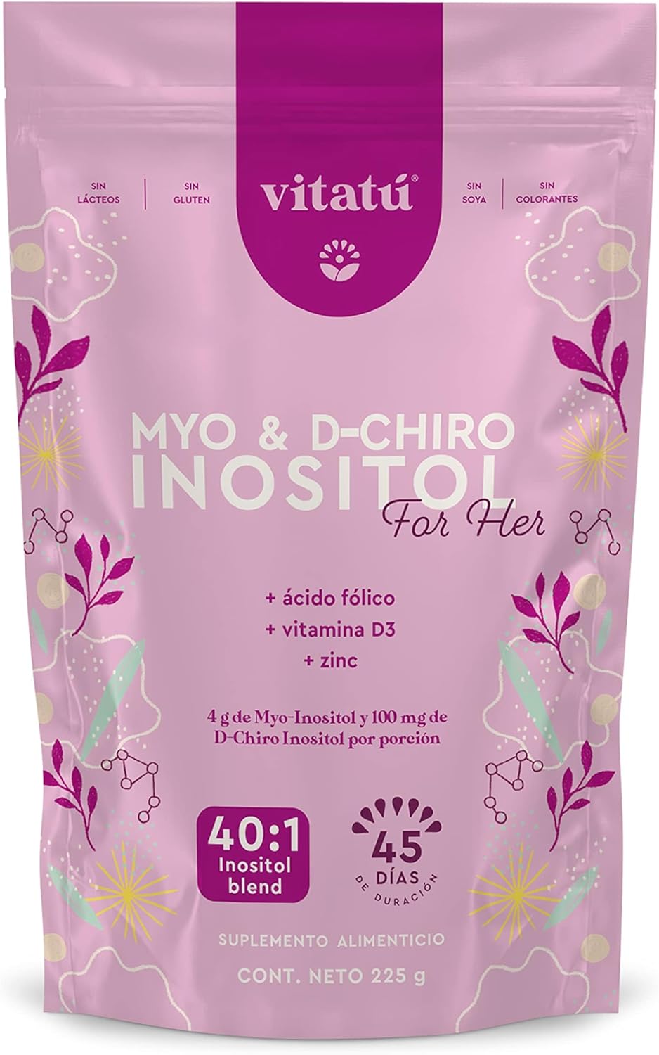 Vitat&uacute; | Myo Inositol 4g &amp; D-Chiro Inositol 1g Ideal Mix 40:1 | Duration 45 Days | with Folic Acid  Vitamin D3  Zinc, Powdered Dietary Supplement for Women 225 g