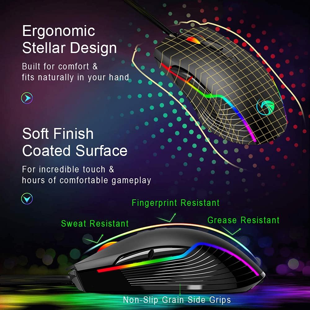 NPET M70 Wired Gaming Mouse, 7200 DPI, 7 Programmable Buttons, RGB Backlit, Ergonomic Optical PC, Comfortable Computer Gaming Mice for Windows 7/8/10/XP Vista Linux, Black