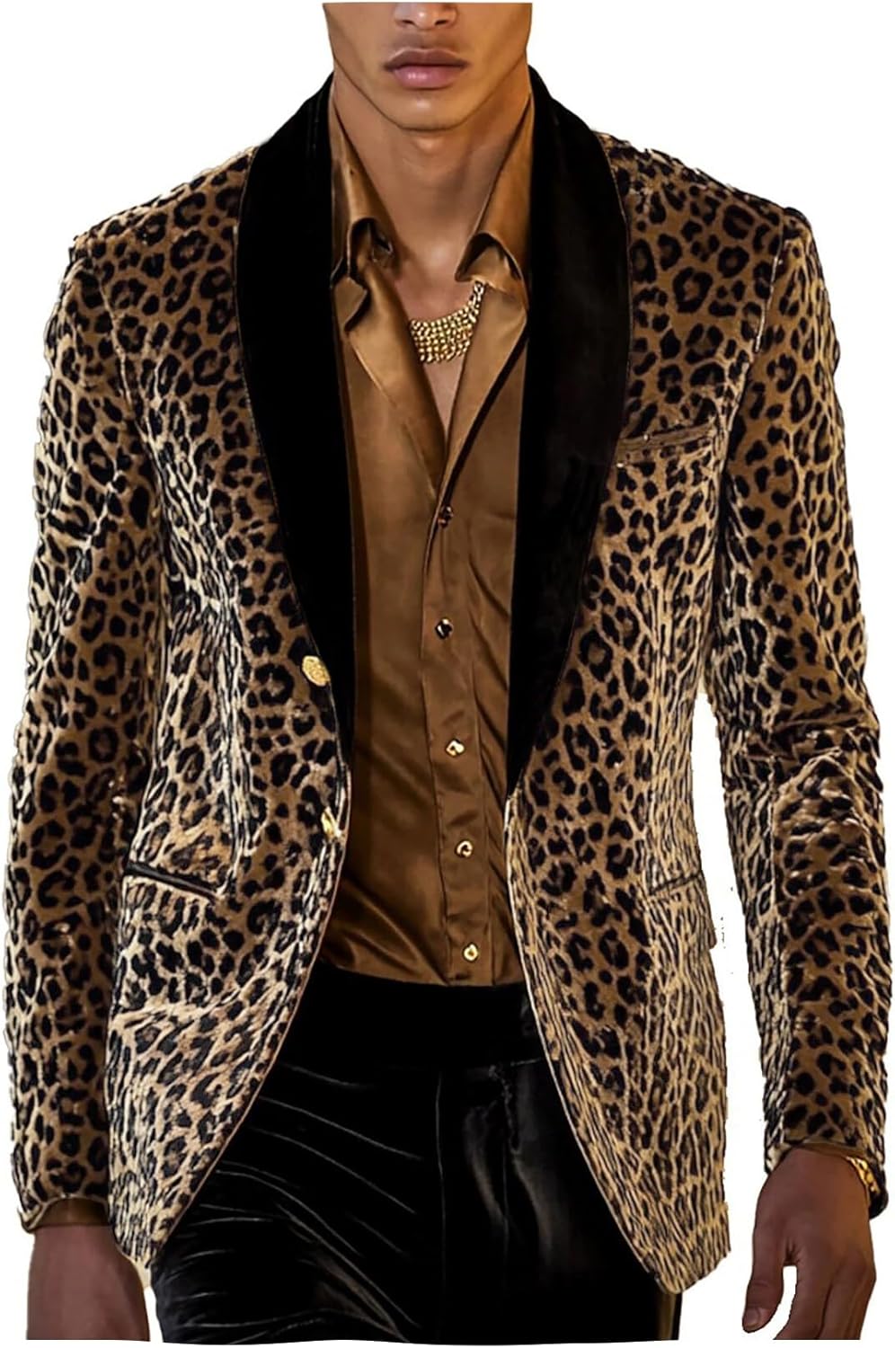 VENNYNG Men's Leopard Fuzzy Jacket with Black Velvet Collar Plush Texture Contrast Coat for Luxury Casual Holiday Parties
