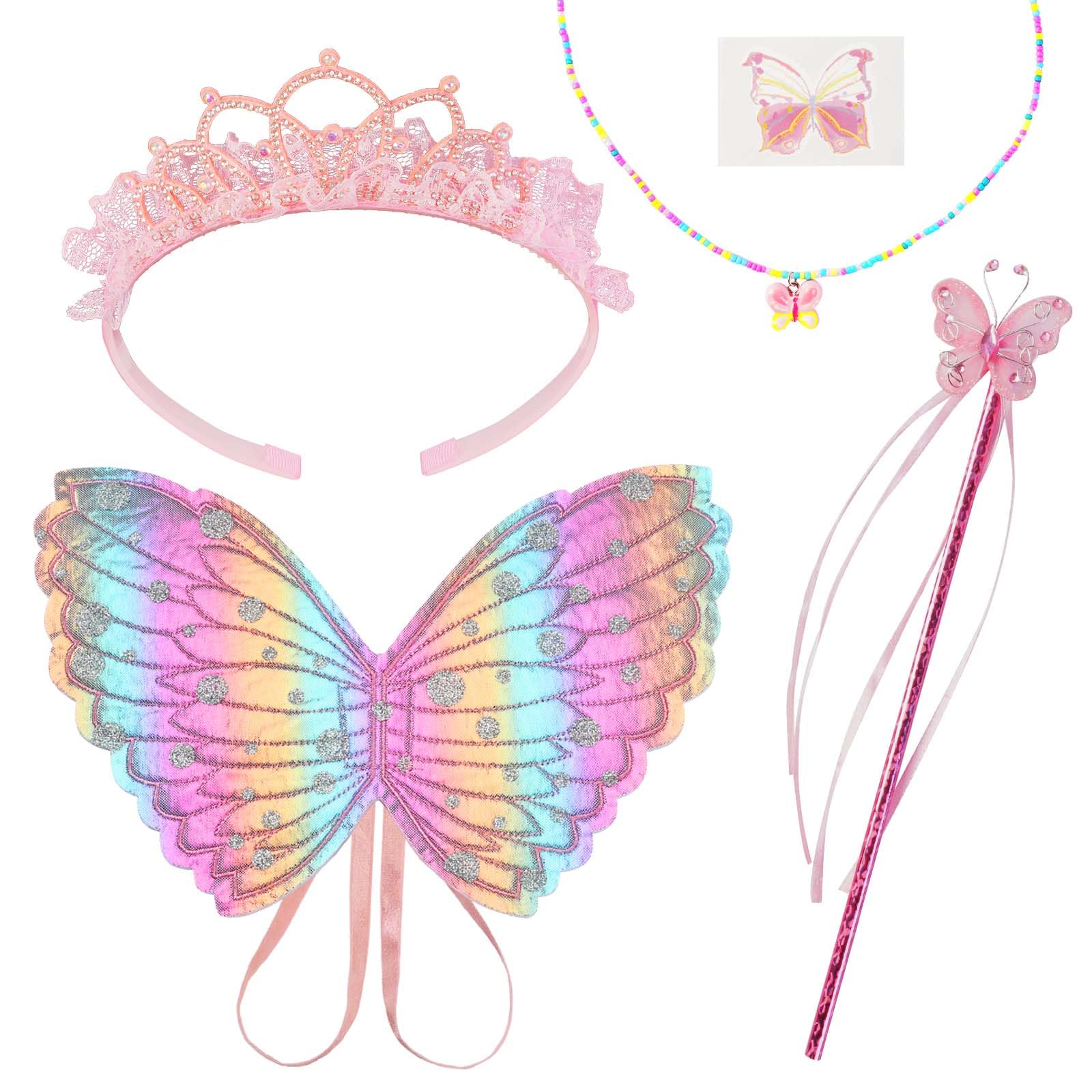 AUYAO Feenflügel Kostüm Kinder Set Schmetterlings Flügel Mädchen Prinzessinnenflügel Damen Lila Rosa Schmetterlings Elfen Fee Anzieh Sets mit Zubehör für Halloween Karneval Geburtstag Fasching Kostüm