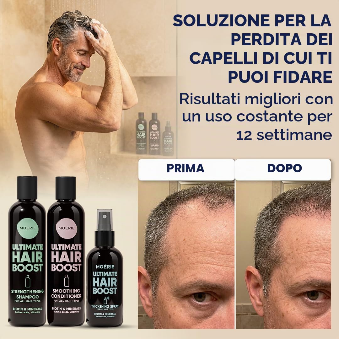 Moerie Mineral Shampoo e Balsamo Plus Hair Spray Mega Pack - Il set definitivo per la cura dei capelli - Per capelli più lunghi, spessi e pieni - Prodotti vegani per capelli - Prodotti senza parabeni