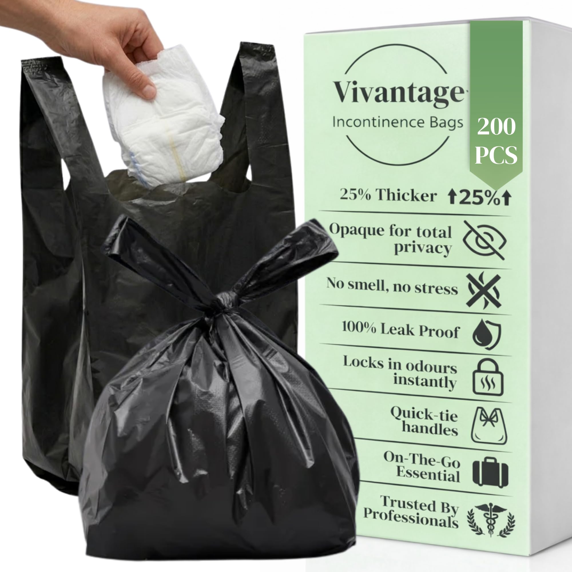 Vivantage Black 200 Pack Adult Nappy Bags | Large Adult Nappy Sacks, Strong, Disposable & Unscented | 25% Thicker | Nappy Disposal Bags, Nappy Bag, Sanitary Disposal Bags, Incontinence Nappy Sacks Uk Made