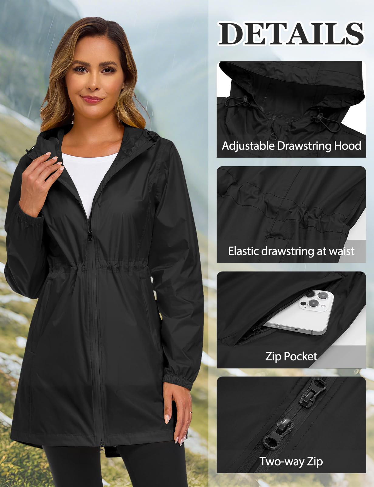 CMTOP Veste Imperméable Femme Vêtement de Pluie Légère et Pliable Poncho Pluie Coupe-vent à Capuche Manteaux Imperméables Fine Portable Trench-coat Décontracté Printemps Été