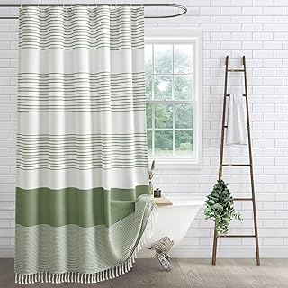 Extra Long Sage Green Shower Curtain Cotton Boho Striped Shower Curtains...