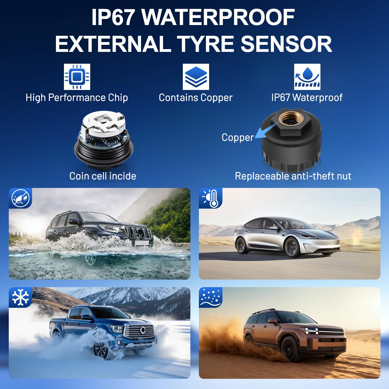 Sistema Sensori di Monitoraggio della Pressione con Indicatore dell'Ora | TPMS Auto con Ricarica Solare/USB, Sistema Sensori di Monitoraggio della Pressione degli Pneumatici con 4 Sensori Esterni