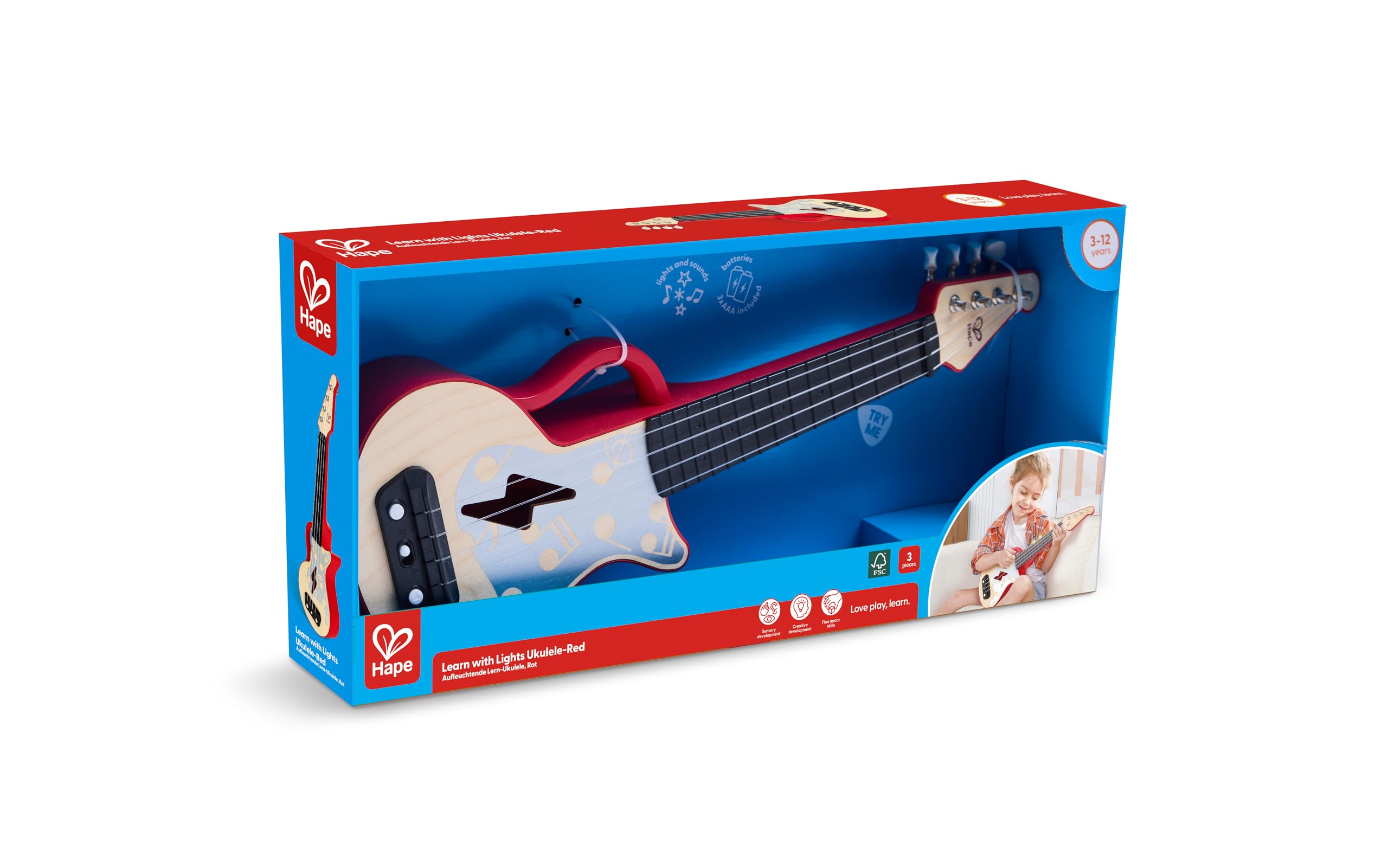 Hape Learn with Lights Ukulele-Red , Electric with Tunable Strings & Guiding Lights , Ukulele for Kids 3 Years and Up