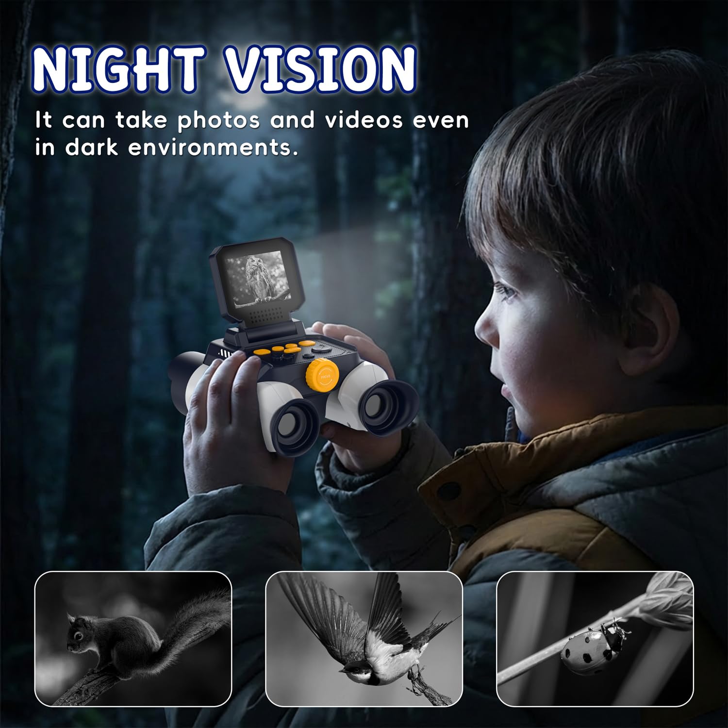 Binocolo Bambino con Fotocamera, Funzione di Visione Notturna a Infrarossi, Telescopio per Bambini 10x25, adatto a Bambini dai 4 anni in su per Birdwatching, Campeggio, Escursionismo(Bianco)