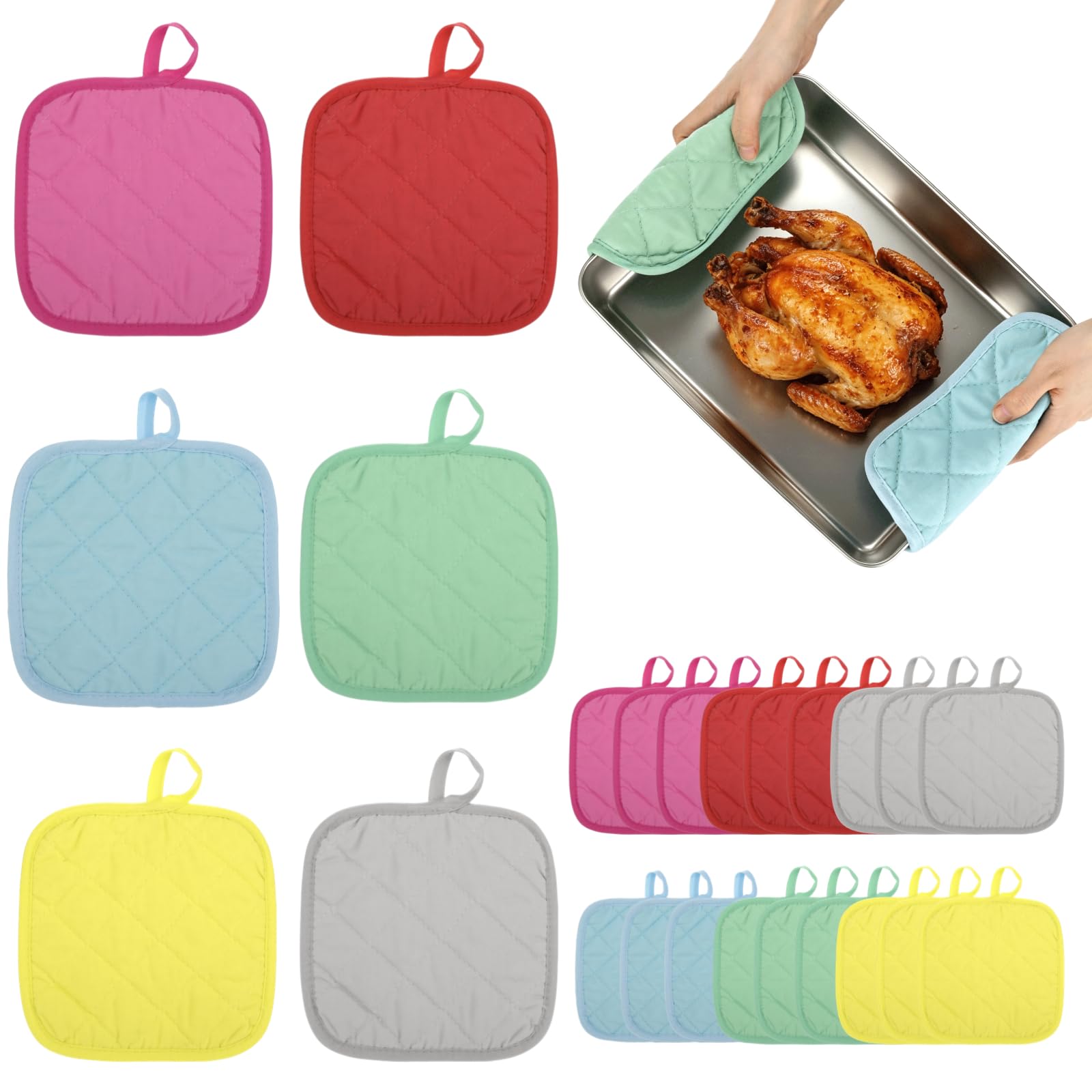24 STK. Topflappen, 7,1 x 7,1 Zoll, Gesteppte Polyester-Wärmedämmungsunterlage für die Küche, rutschfeste quadratische Topfuntersetzer mit Aufhängeöse zum Kochen, Backen und Essen