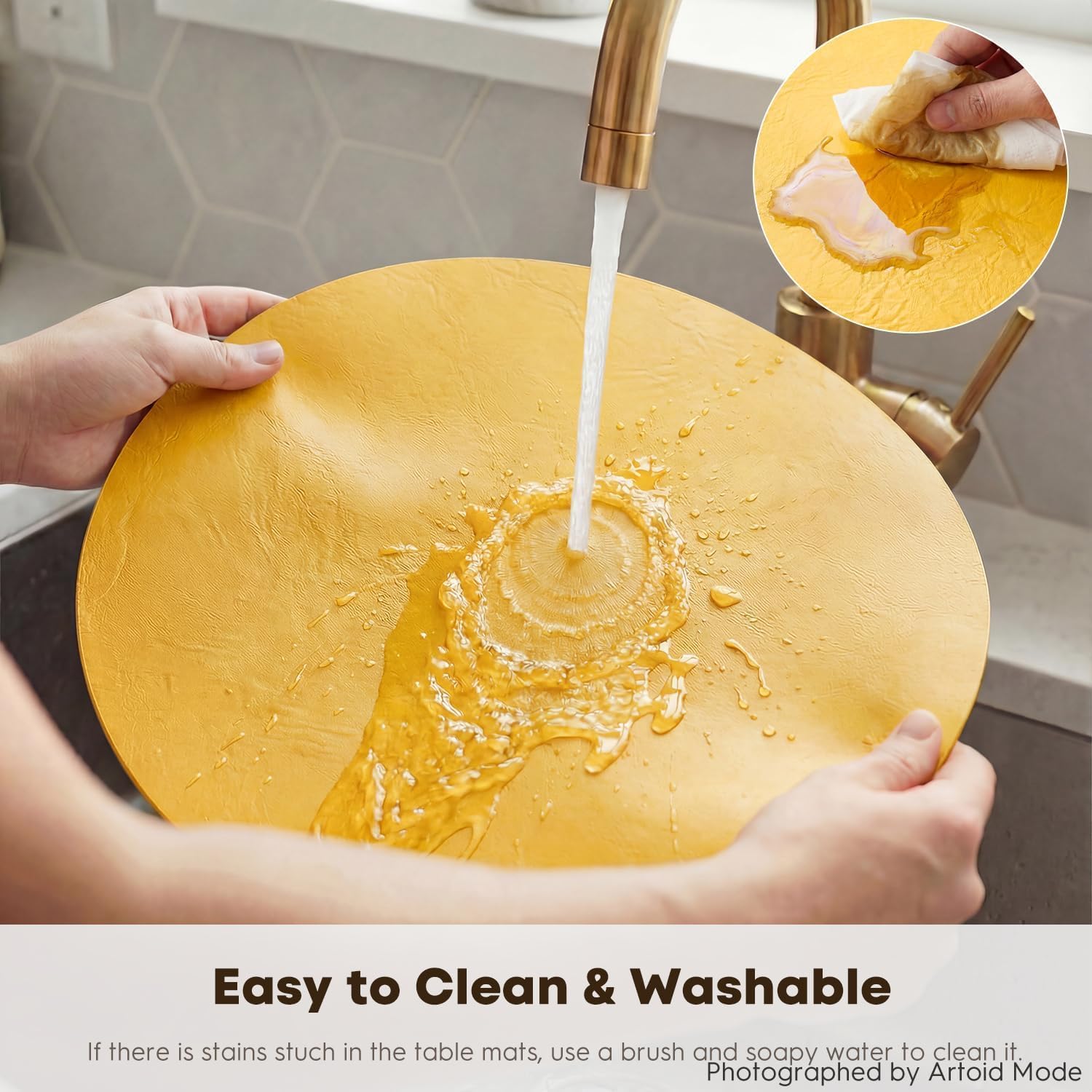 Artoid Mode Set di 6 Tovagliette Rotonde in Finta Pelle Giallo 38 x 38 cm, Antimacchia Resistenti al Calore, Decorazione per la Cucina