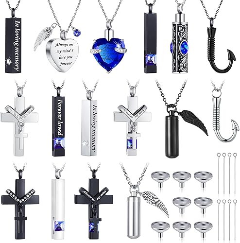 Huquary 16 piezas de collar de urna para cenizas, medallón de cenizas talladas de acero inoxidable impermeable con 8 kit de relleno, cilindro de