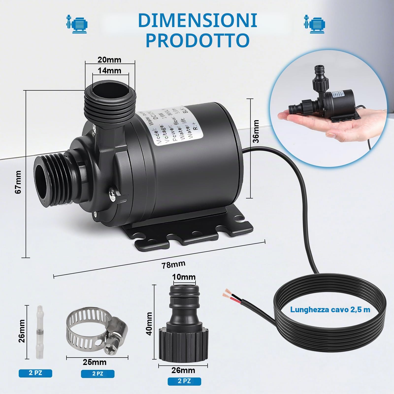 EXLECO Mini Pompa Acqua 12V DC, Pompa Acquario Sommergibile Brushless 800L/H 5M, Micro Pompa Dell'acqua per Acquario, Piccola Pompa Sommersa per Acquario Fontana Circolazione dell'acqua