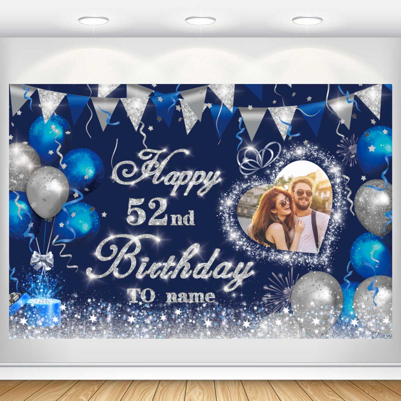 Dicodes Custom Navy Blue and Silver Theme 52nd Birthday Banner for Party Happy Birthday Backdrop Decoration Personalized with Name and Photo(52nd)