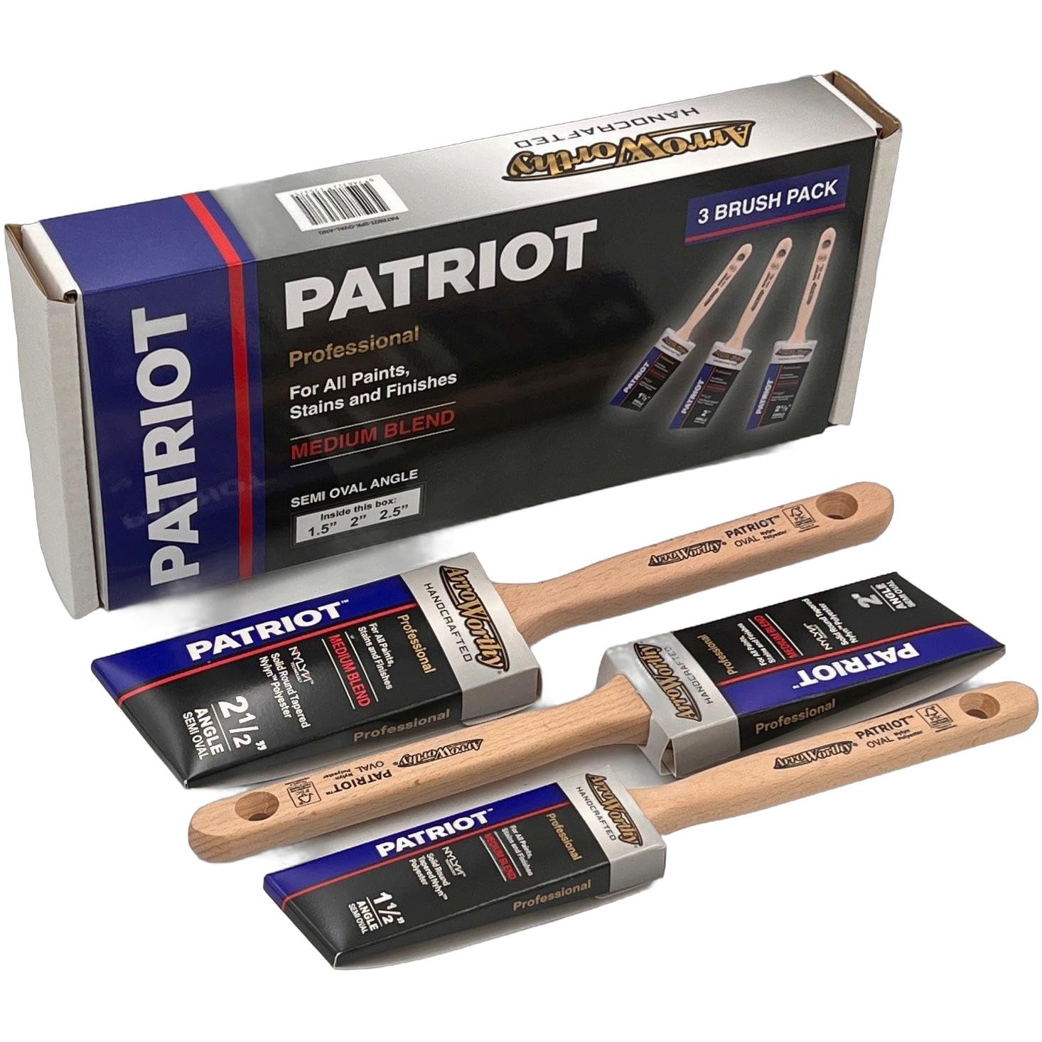 Gripper Cloth Beige Arroworthy Patriot Semi Oval Angle Brushes Box Set Contains: 1.5”, 2” & 2.5”