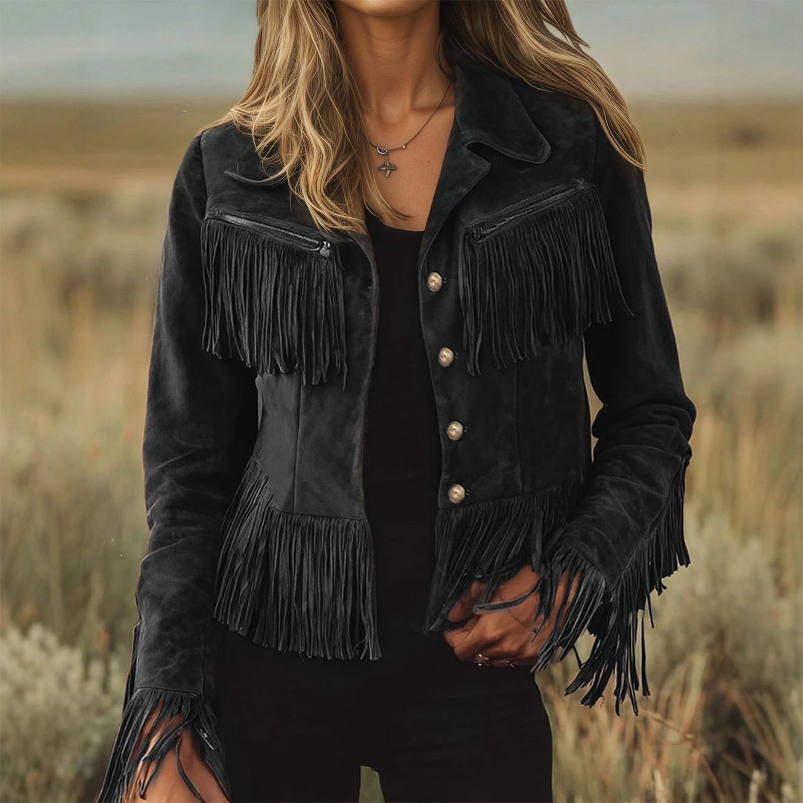 Chaqueta con Flecos, Solapa con Muesca, Corte Entallado, cinturón Recortado, Prenda Exterior para otoño e Invierno, Estilo Informal, Mujer, Moda