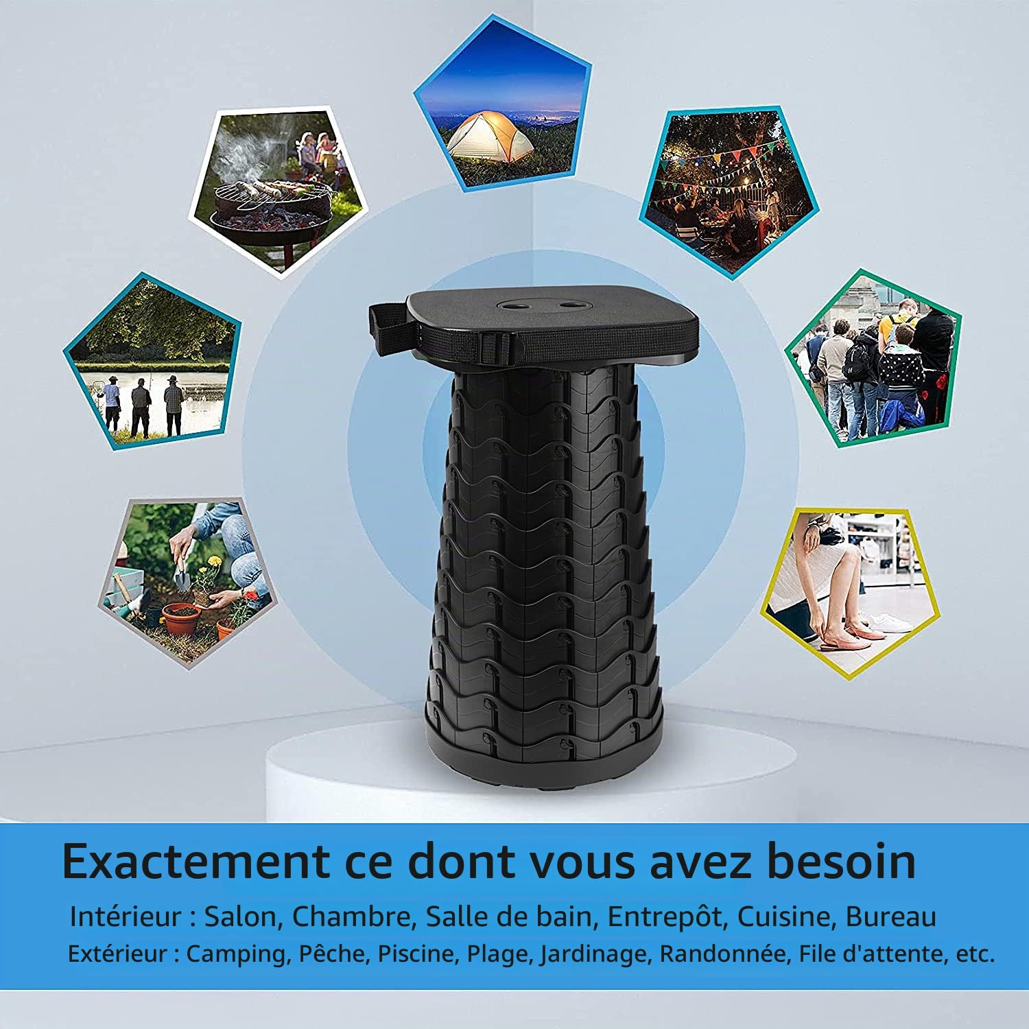 Tabouret télescopique portable amélioré avec grand siège – Tabouret de camping carré rétractable pour adultes, tabouret télescopique pliable léger et compact (noir)