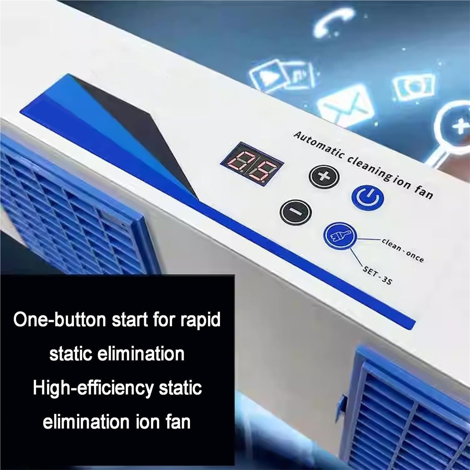 Soplador de Aire ionizante, eliminador de estática, Ventilador ionizador antiestático, Volumen de Aire Ajustable de 10 a 120 CFM, instalación en Pared o sobremesa para impresión y Embalaje.