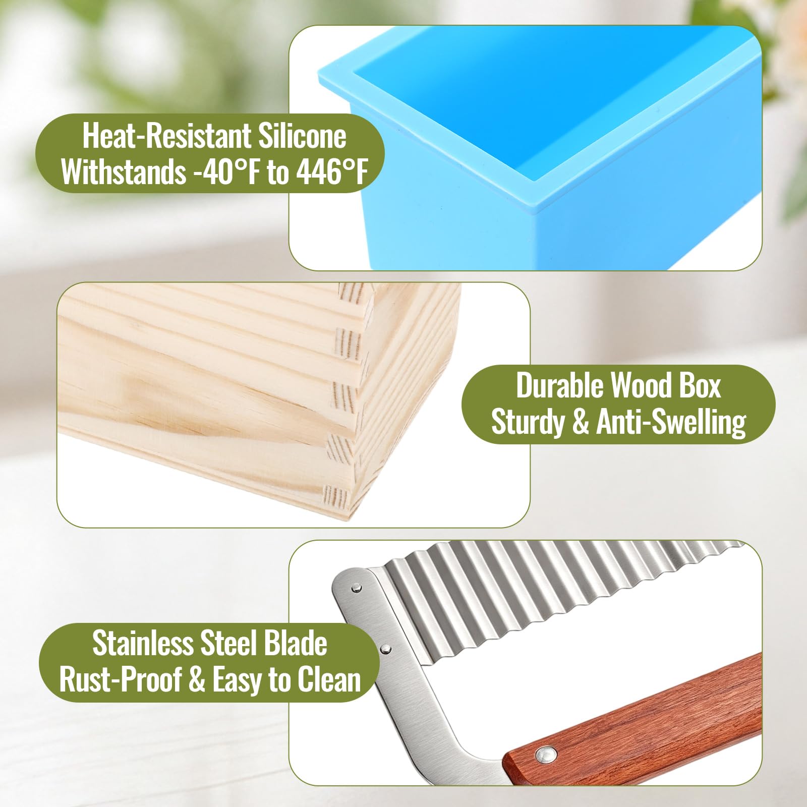 Moldes de silicona para hacer jabón para adultos, moldes de jabón con | Juego de moldes para pan de jabón de 42 onzas con cortador ondulado y recto de acero inoxidable y bolsas de embalaje
