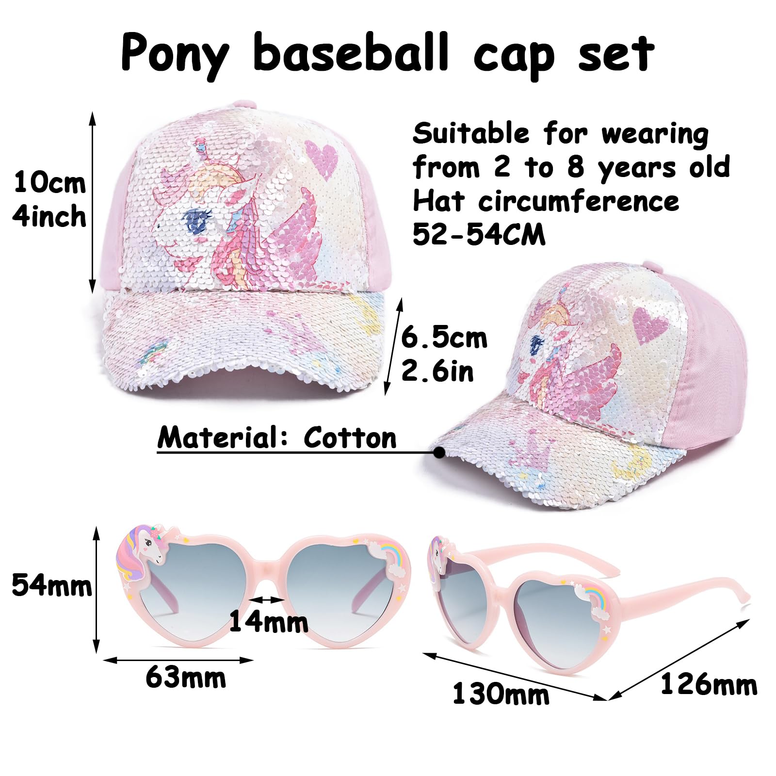 Gorra Niña y Gafas de Sol, Gorra de Béisbol Rosa Ajustable con Diseño de Unicornio y Gafas de Sol con Protección UV, para Niña 3-8 Años