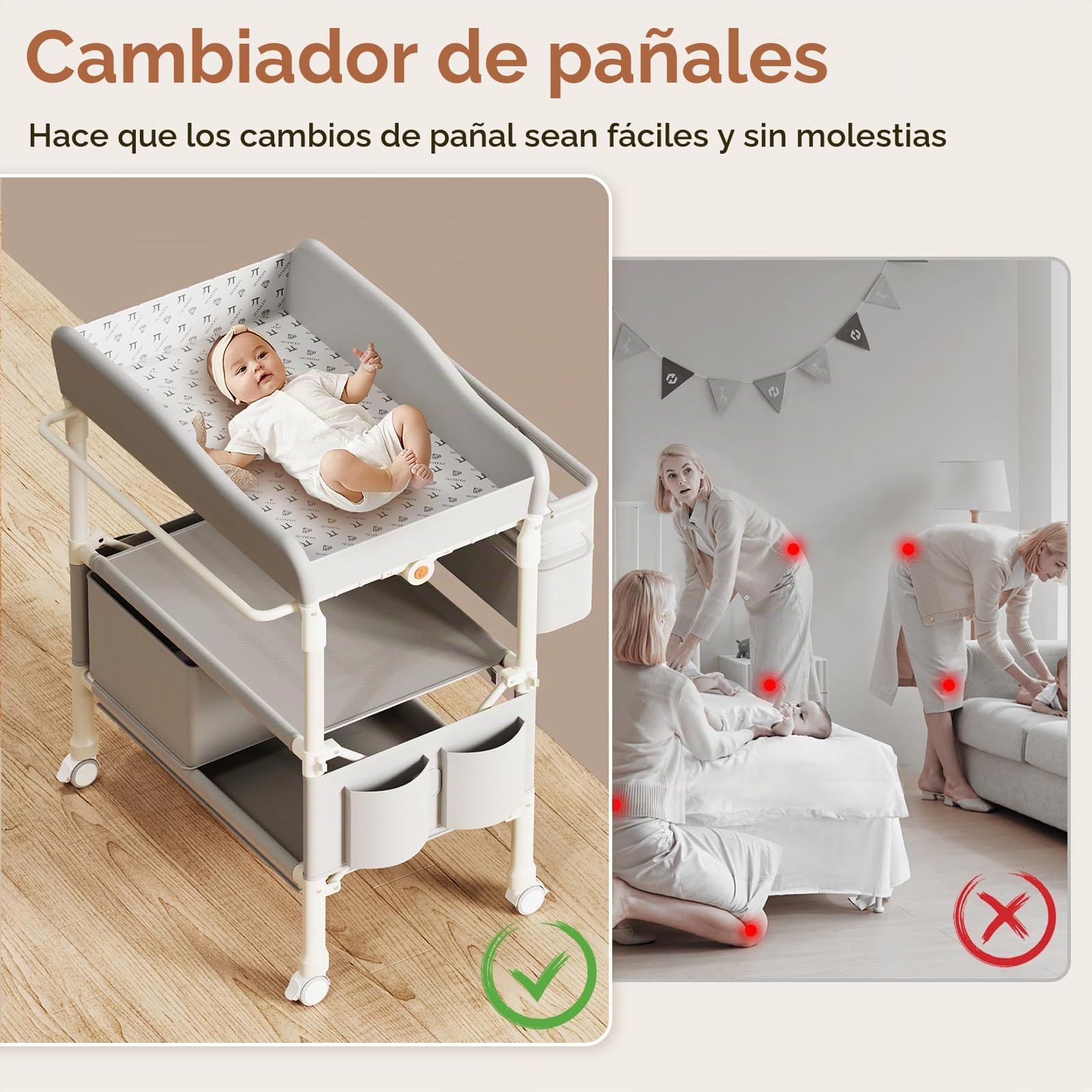 Cambiador Bebé, Cambiador bebe Plegable Portátil con Cesta Lateral, Altura Ajustable de 5 niveles, Ruedas Bloqueables, Organizador Multifuncional para Habitación Infantil, Carga 65kg (Gris)