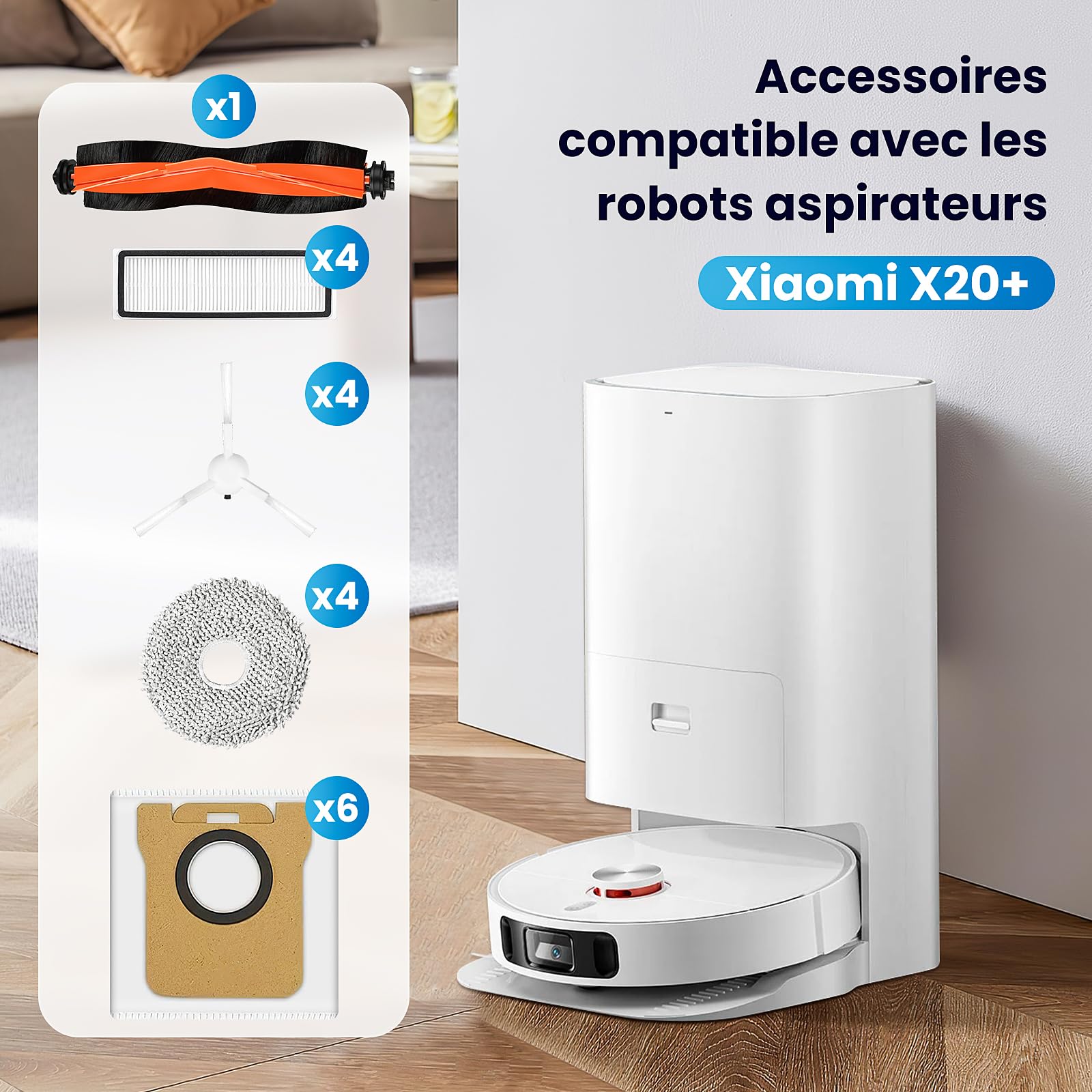 Alloytool 20 Pièces pour Xiaomi X20+ Robot Aspirateur | 1 Brosse Principale, 4 HEPA Filtres, 4 Chiffons, 6 Sacs à poussière, 4 Brosses latérales,1 Brosse de Nettoyage
