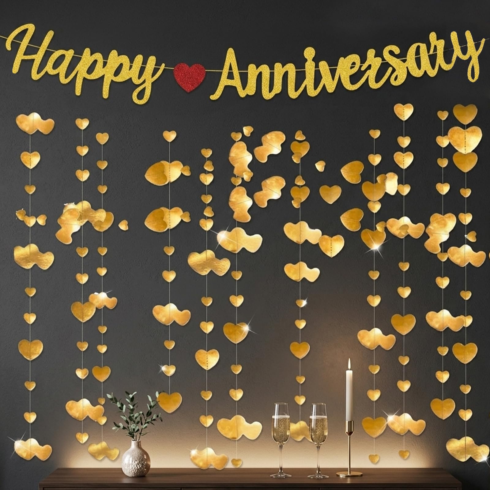 Golden Anniversary Decorations Set - Happy Anniversary Banner with 4m Heart Garland, Pre-Punched Holes for Easy Installation, Romantic Party Decor for Wedding & Celebration