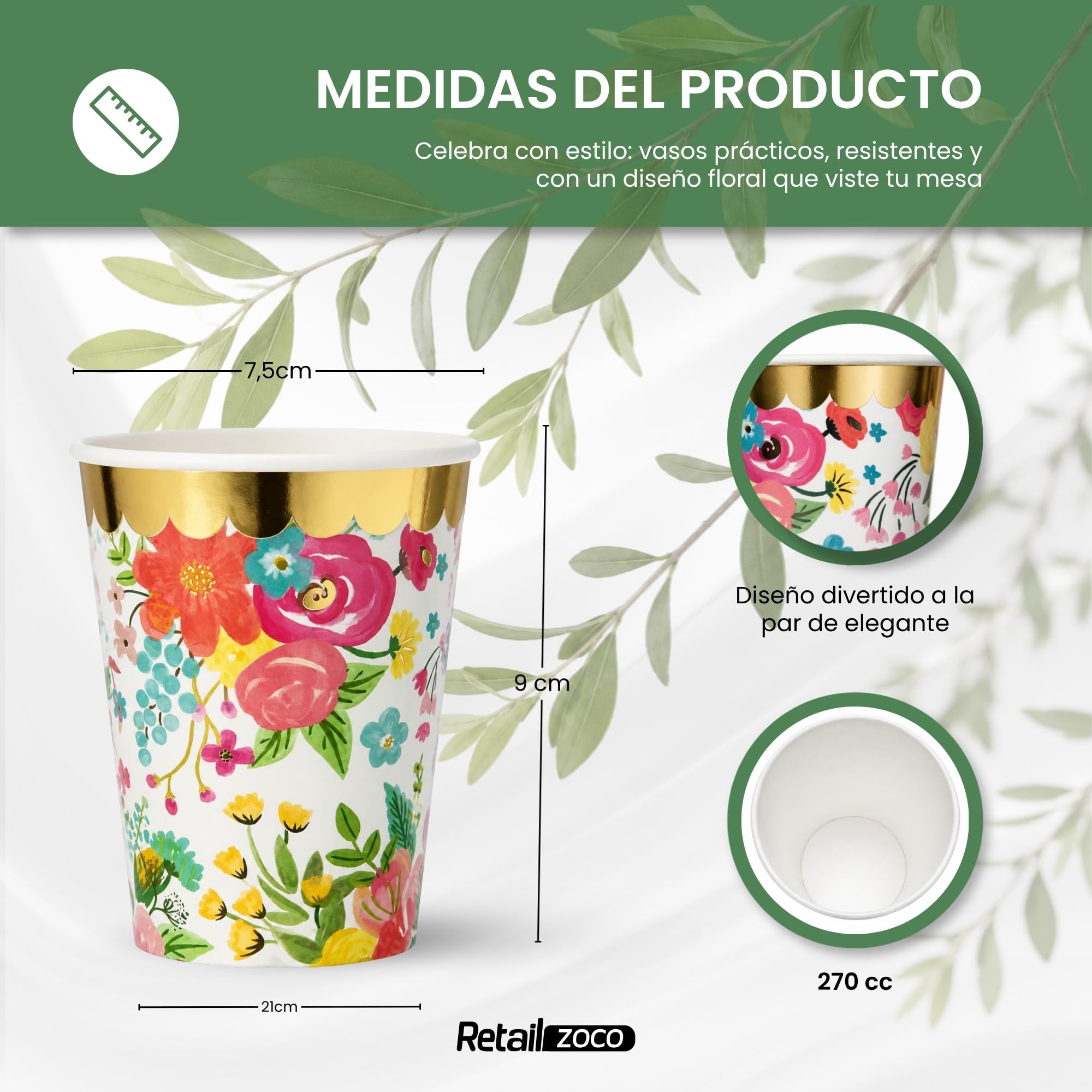 Vasos de cumpleaños, Vasos Desechables cartón, Diseño Floral, 12 Unidades - imagen 4