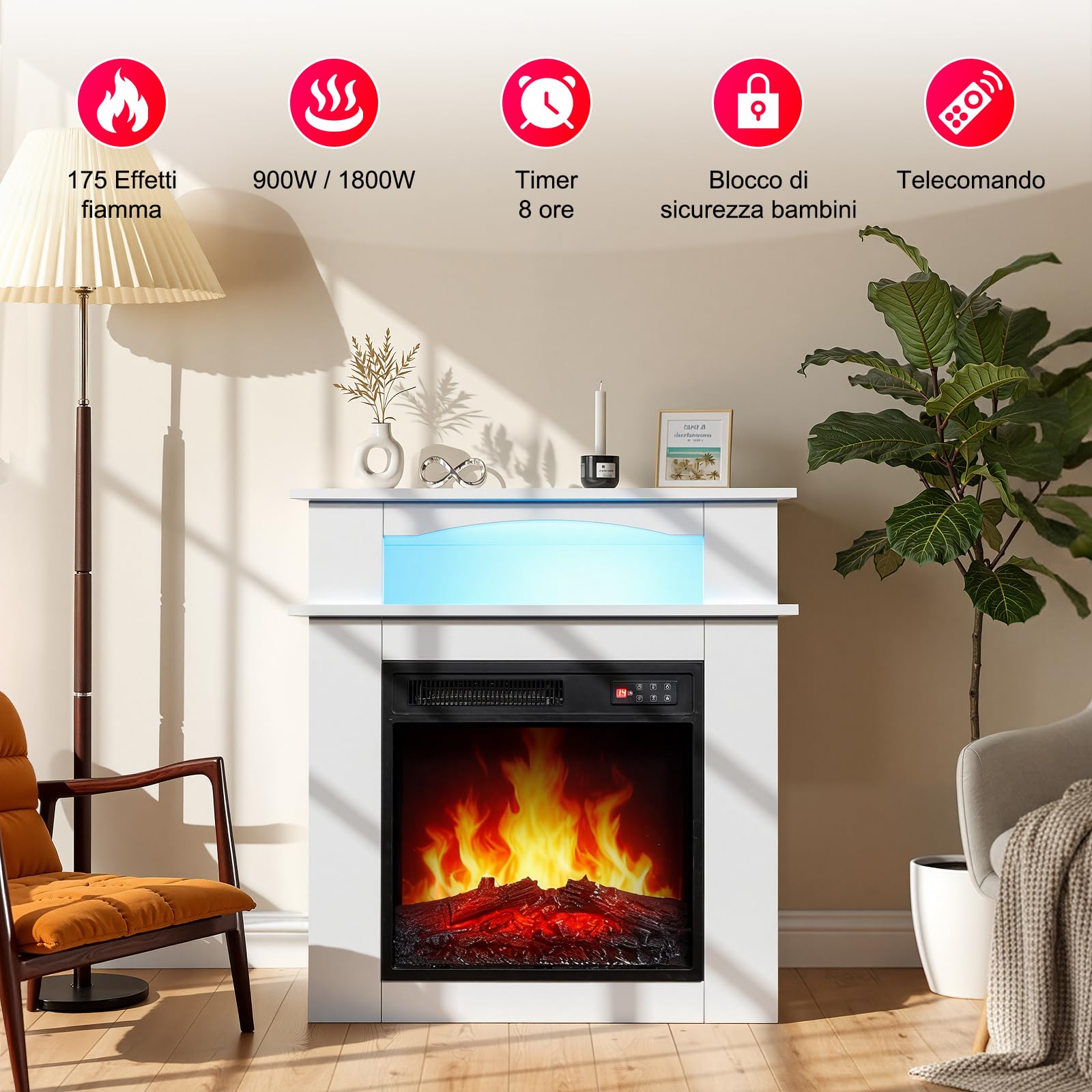 18" Caminetto Elettrico, 900W/1800W Camino Elettrico, 7 Colori di Fiamma 3D, Striscia LED, Telecomando, Protezione Surriscaldamento, Timer, incluido Cornice