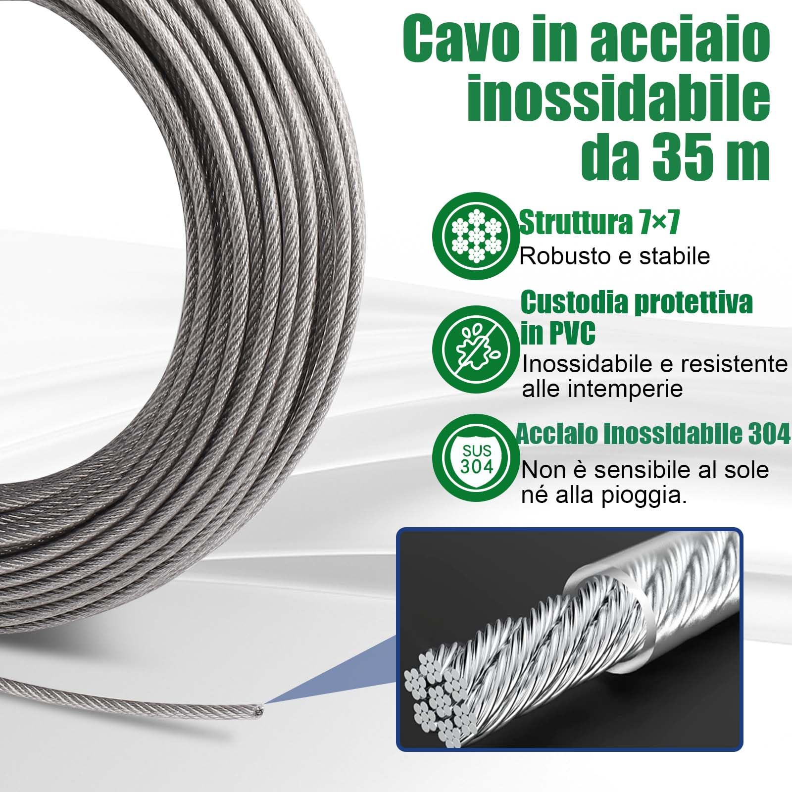 Angooni Kit di 31 cavi in acciaio, 30 m, in acciaio inox, 4 mm, tendifuni