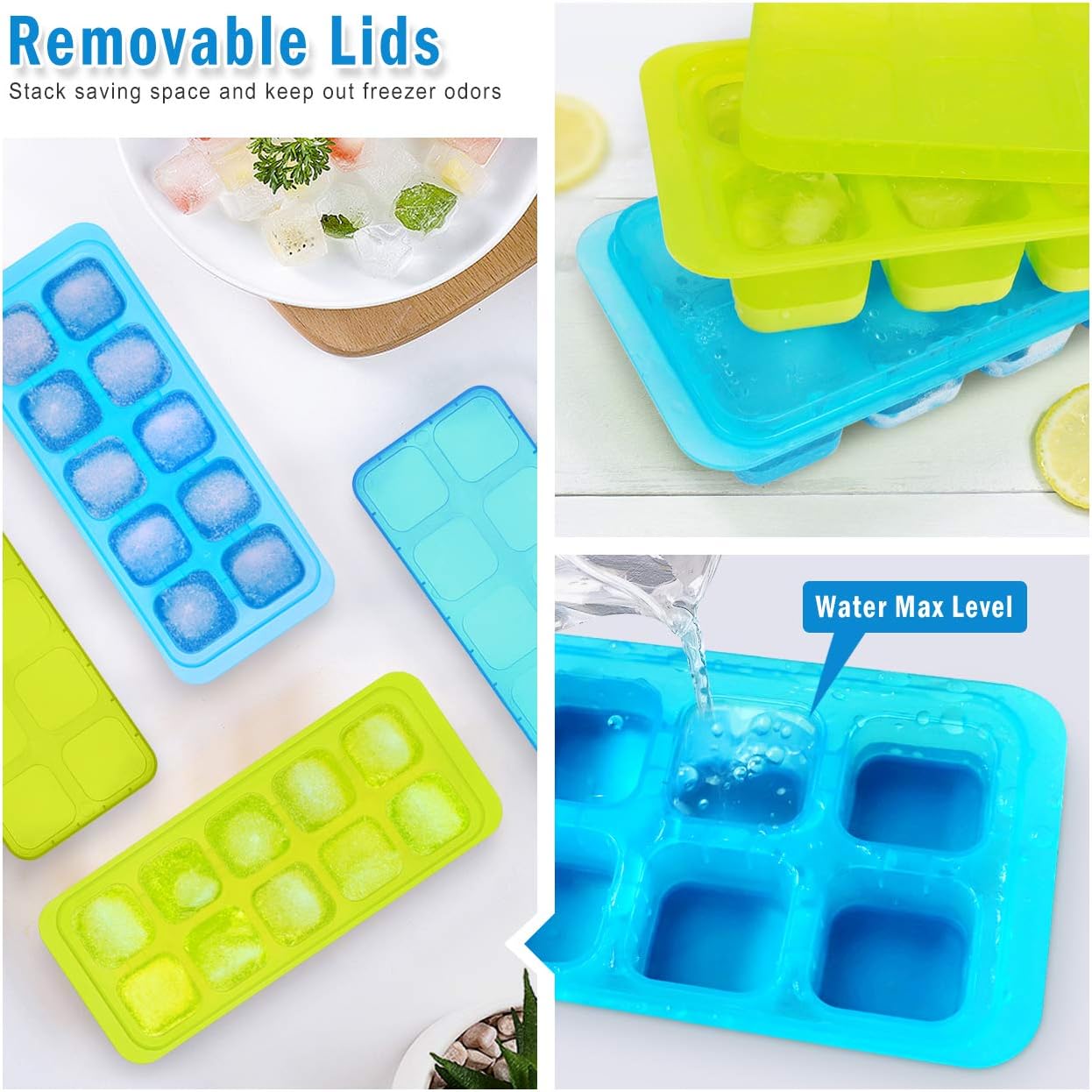 Kootek Ice Cube Trays with Lid, 20-Cube Reusable Ice Cube Molds Food Grade Stackable Plastic Trays Square Mold for Whiskey, Cocktail, Spirits, Chilled Drinks and Juice (Blue & Green)