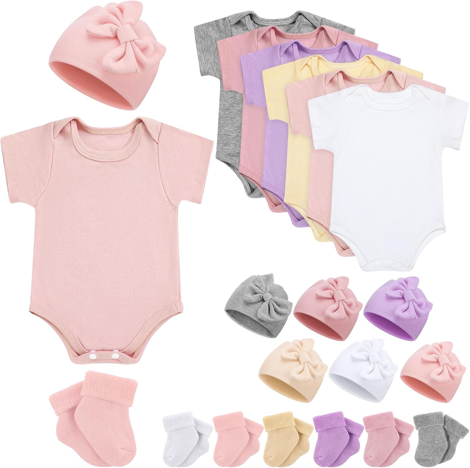 Glitopper 6 Pack Preemie Bodysuit Set Preemie Clothes Cotton Hat Socks Newborn Baby Layette Gift Set for Nicu Girls Boys