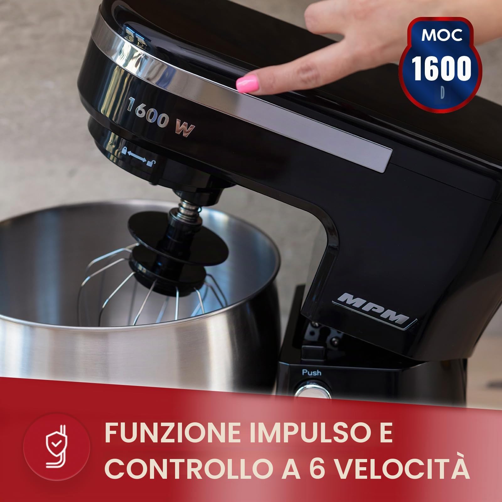 MPM - Robot da cucina planetario con 2 ciotole da 4 e 5 litri - robot da cucina da 1600 W - nero
