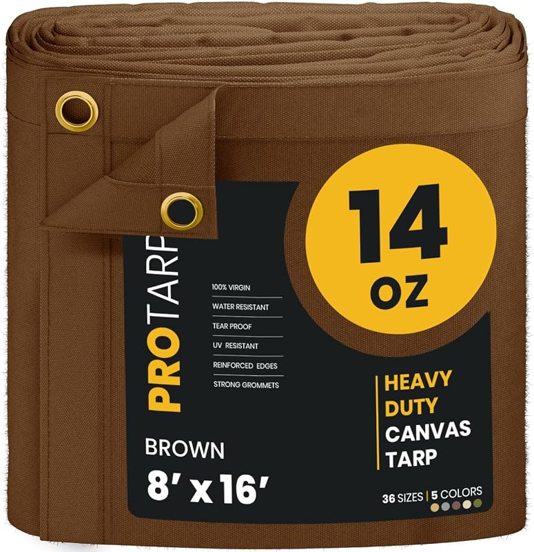 Heavy Duty 14 OZ Water Resistant Canvas Tarp, UV Resistant Tarpaulin Cover with Rustproof Brass Grommets, Multipurpose for Canopy, Roof, Camping, Woodpile (Brown 8'X16')