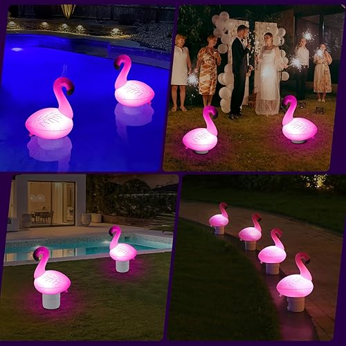Miniatura 6 de Uekars Flotador de cloro para piscina con luz solar, dispensador inflable de cloro flotante de flamenco para pestañas de cloro de 4 x 3 pulgadas,