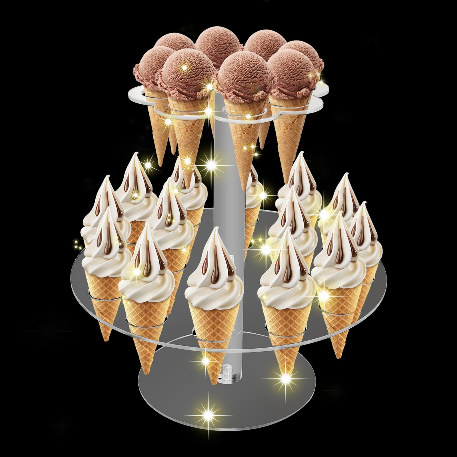 Cutora Ice Cream Cone Holder Stand 24 Holes Clear Acrylic Waffle Food Display with Light Strings 2-Tiers Hand Roll Sushi Sand Rack for Birthday Anniversaries Party Decorations