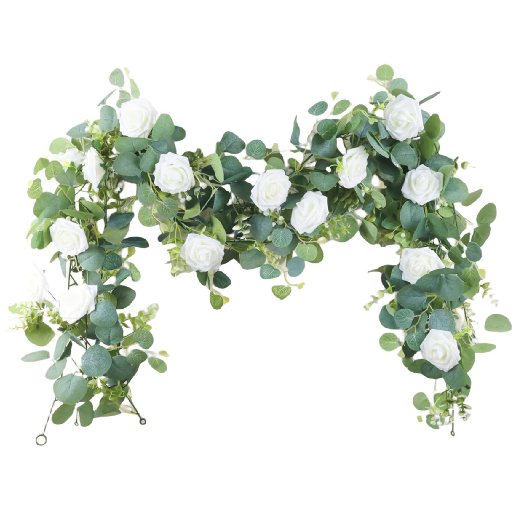 fkngcp 2Pcs Eucalyptus Garland with White Roses, Artificial Realistic Floral Garland 6ft Christmas Eucalyptus Decor for Xmas Table Wedding Backdrop Arch Doorway