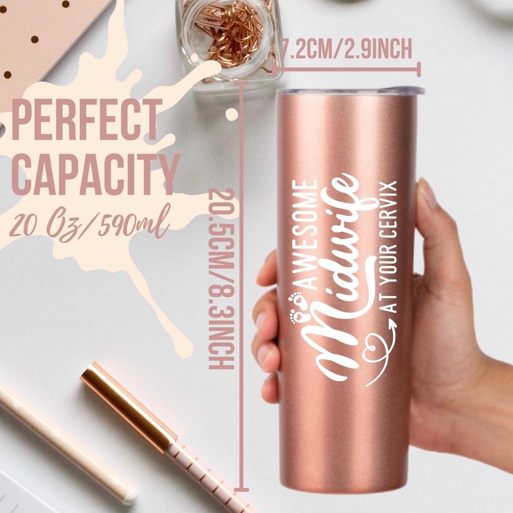 Onebttl Midwife Gifts for Women, Obgyn Doula Gifts for Doctors Nurse, 20oz Skinny Vacuum Insulated Travel Mug Tumbler for Coworkers, Rose Gold, Awesome Midwife