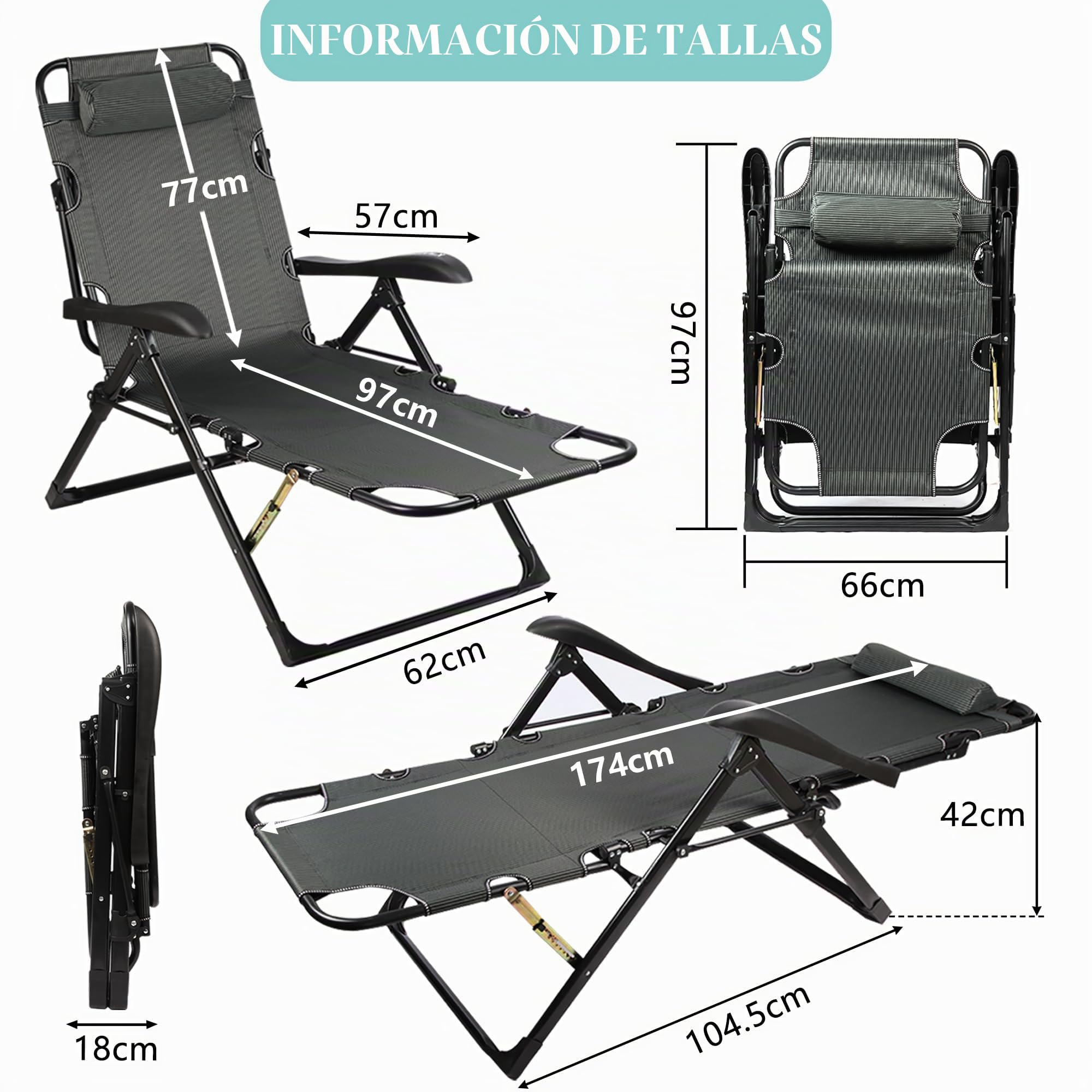 Tumbonas Jardin Exterior Plegable Silla Gravedad Cero Sillas Tumbona Reclinable con Cojín, Tumbona Jardin Exterior Hamaca Tumbonas, Ajustable Respaldo 7 Posiciones, para Jardín Balcón Playa, Negro