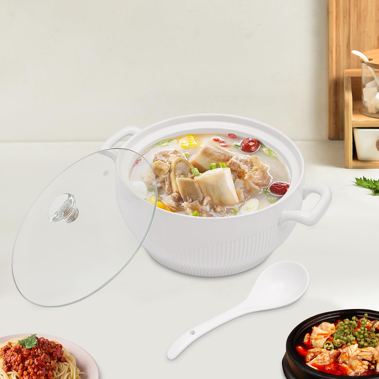 Oiveinya Ceramic Soup Tureen with Glass Lid, Porcelain Serving Soup Tureen for Restaurant Home Kitchen Decoration, Ceramic Covered Tureens for Serving Salad Pasta Noodles Stew(8.54/7.5in) (7.5inch)