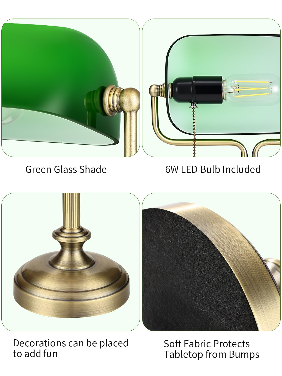 Green Bankers Lampe de bureau, abat-jour en verre réglable, lampe vintage avec interrupteur à chaîne pour bureau à domicile, lampe piano, ampoule LED 6 W incluse (bronze antique + vert)
