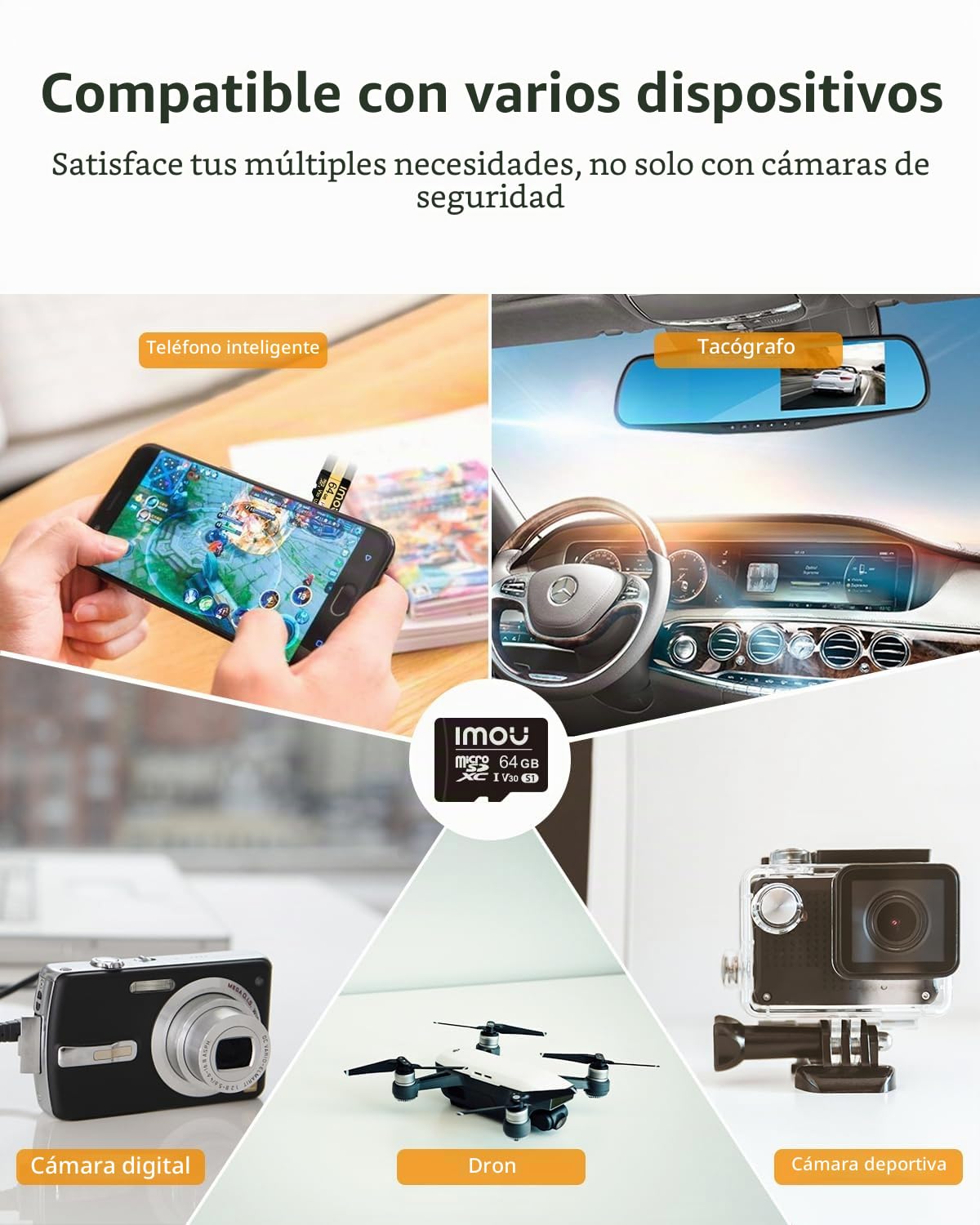 Imou Tarjeta de Memoria Micro 64 GB SDXC Imou Fast Full HD de hasta 95/25 MB/s Adaptador SD Clase 30 UHS-I para teléfono Inteligente, Tableta, cámara de acción, dron y computadora portátil (64 GB)