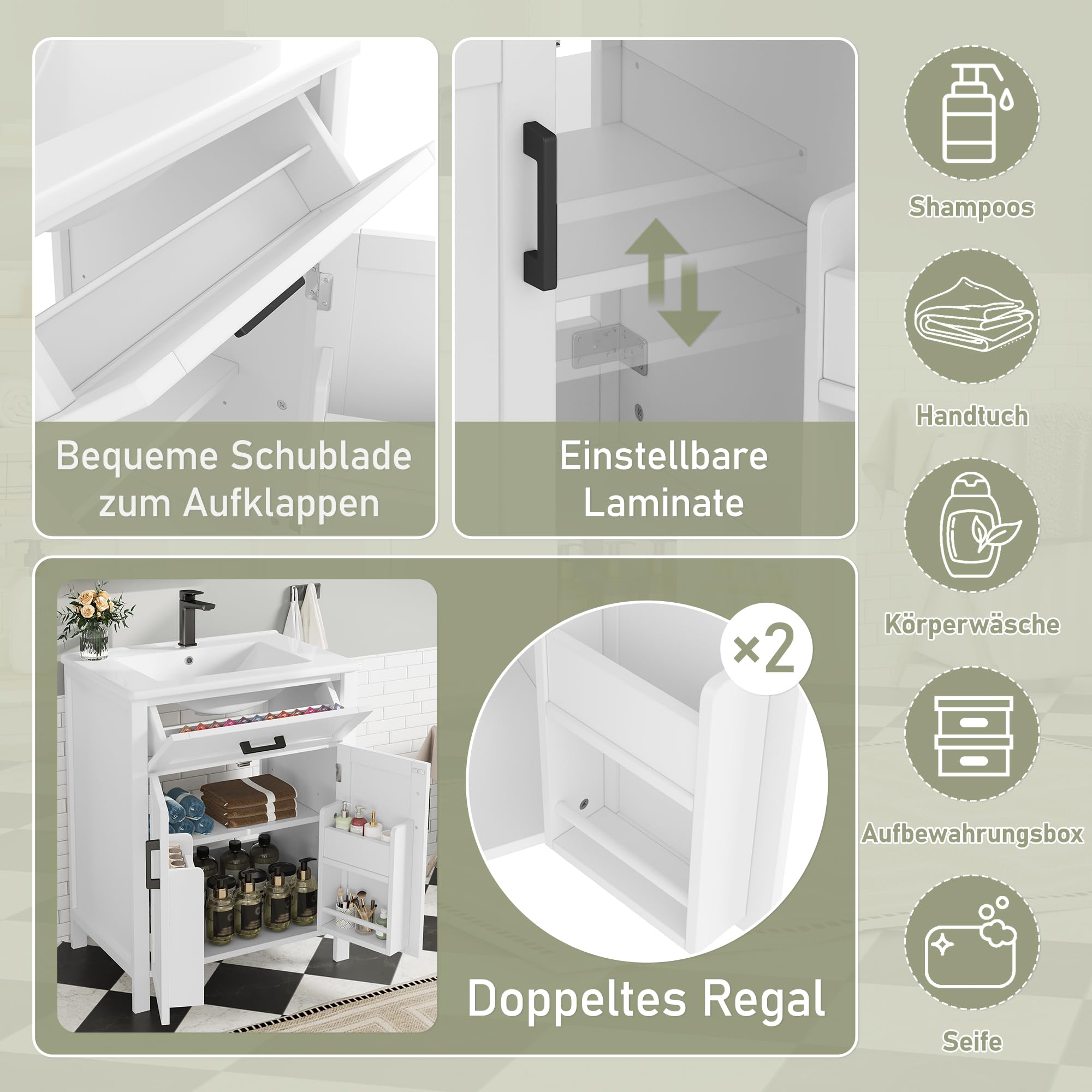 BTM Waschtisch Stehend mit Unterschrank 60cm Breiter Badezimmerschrank Integriertes Waschbecken mit Schubladen Weiß