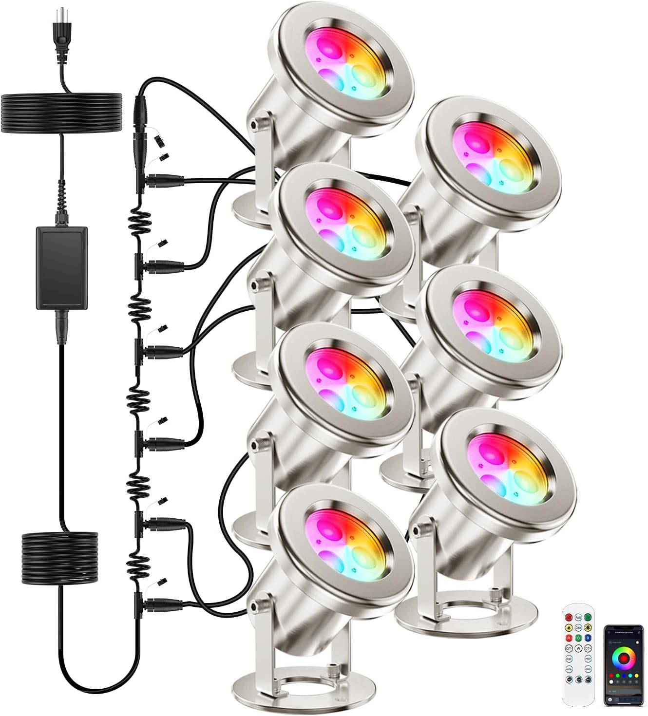 All in One RGB Underwater Pond Light Kit with APP & Transformer, 39FT, 4 Lights + All in One Pond Light Kit Without Transformer and Plug, 20FT, 3 Lights