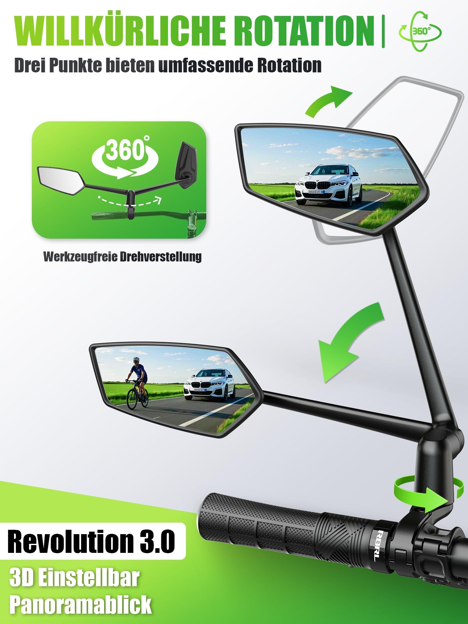 RBRL Fahrradspiegel | 3D Verstellbar für Panorama Sicht | 360° Dreh- & Einklappbar | Bruchfestes Echtglas Rückspiegel | Langlebig Kompakt Lenker Spiegel für Fahrrad, Ebike (Links)