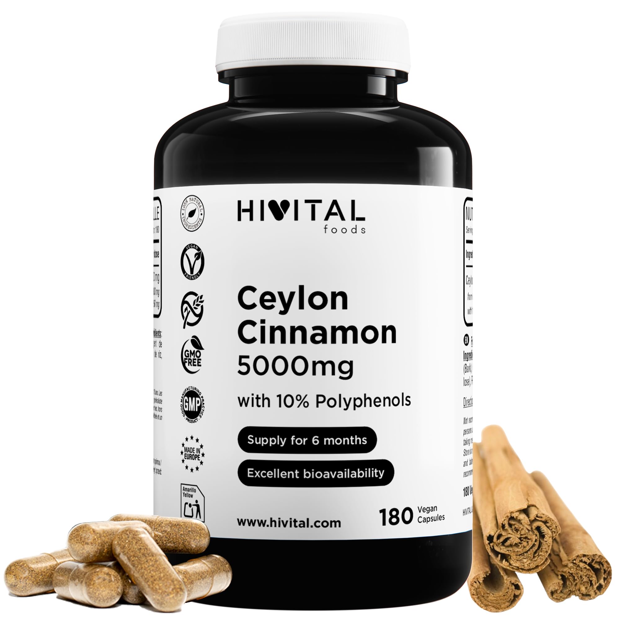 Cannelle de Ceylan 5000 mg. 180 gélules vegan pour 6 mois de traitement. Extrait Naturel de bâton de Cannelle (Cinnamomum Zeylanicum) avec 10% de Polyphénols. Fabriqué en Europe par HIVITAL