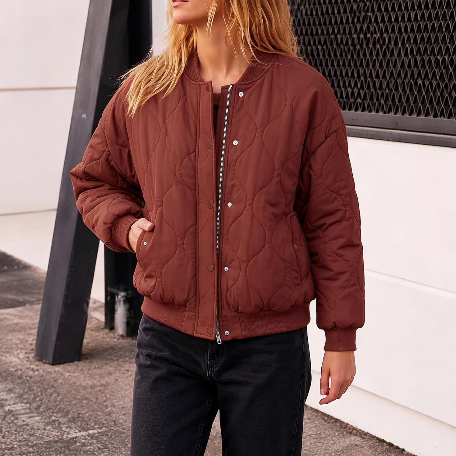 Quilted Puffer Jacket Women Long Sleeve Oversize Bomber Jackets | Lightweight Padded Down Coat Zip Up Outerwear Winter Warm Puffy Jacket