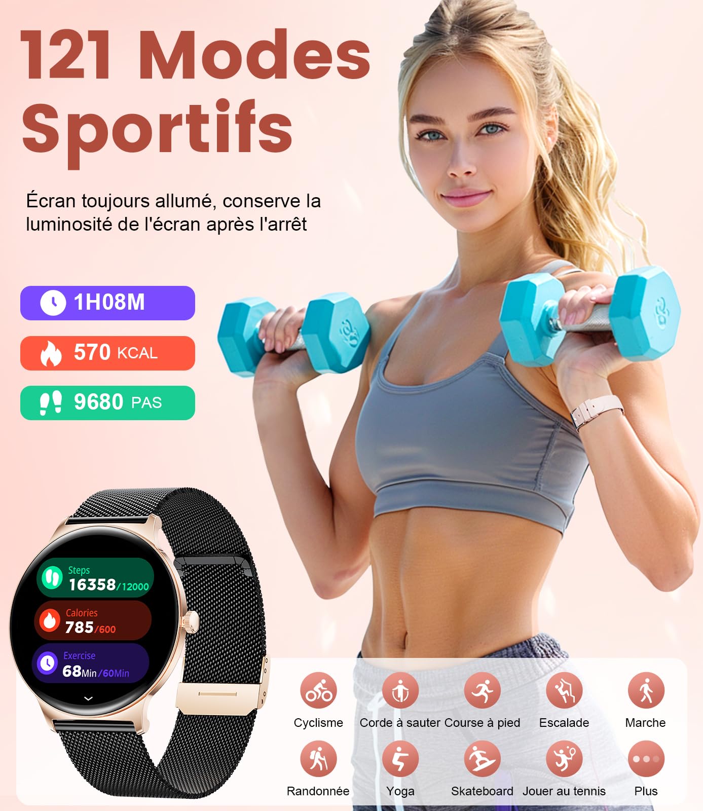 BENYAR SMART Montre Connectée Femme avec Appel Bluetooth, 1,43" AMOLED Écran/120+ Modes Sportifs, SpO2/Fréquence Cardiaque/Sommeil IP68 Étanche pour Android iOS