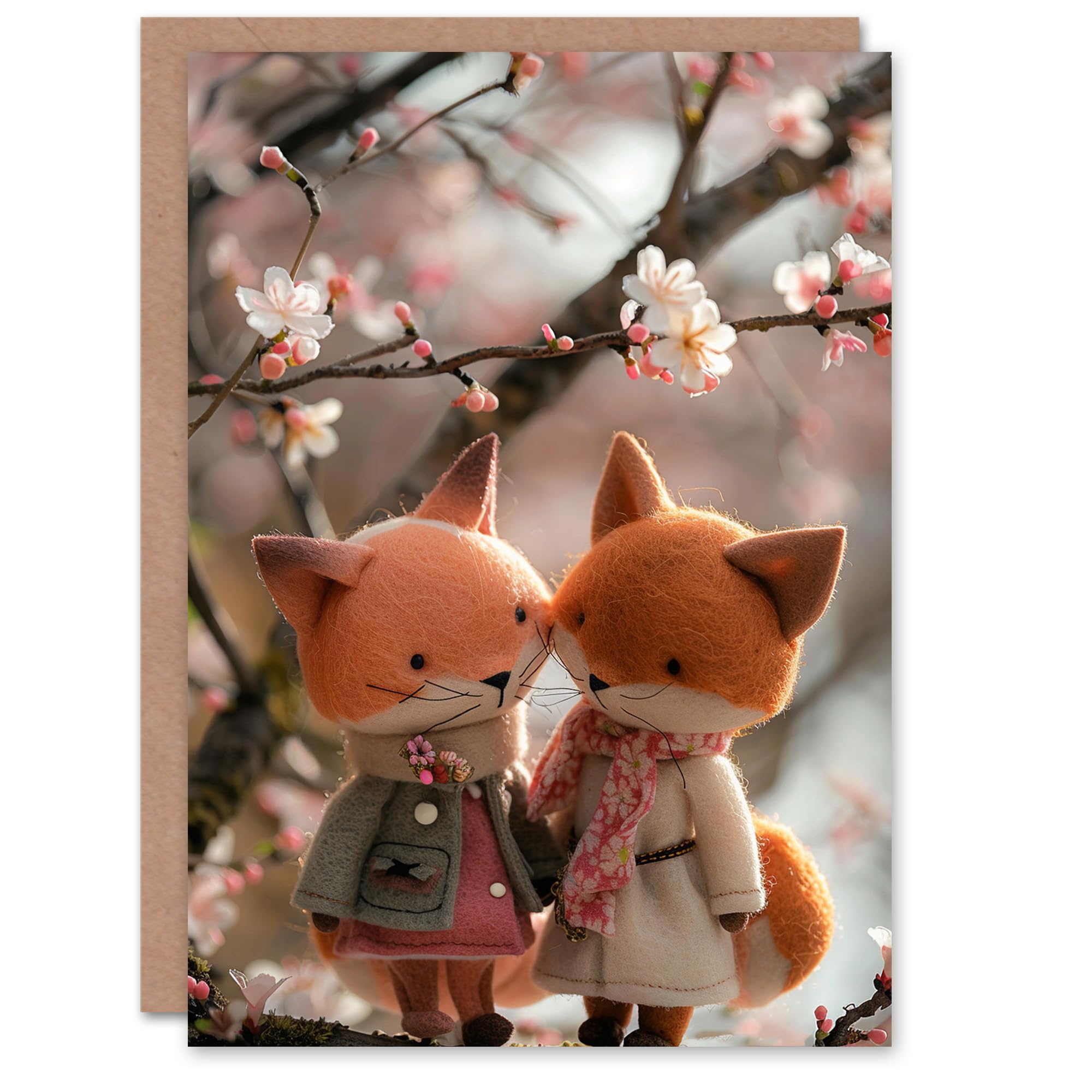 Artery8 Birthday Card Cute Felt Fox Couple Under Cherry Blossom Tree Blank Arty Art All Occasion Greeting Card