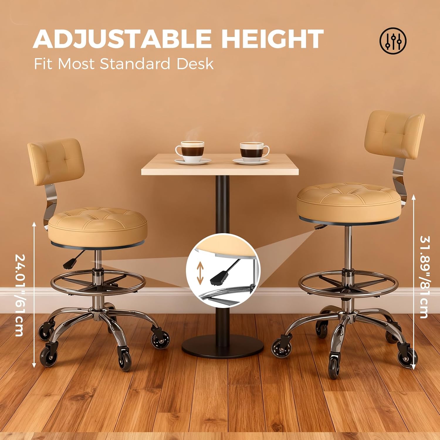 Office Drafting Chair with Footrest, Tall Height Adjustable Stool with Back Support, Heavy Duty Rolling Stool Chair with Wheels for Office Home Kitchen Bar Shop Guitar Studio Medical Vanity(White) - Image 2