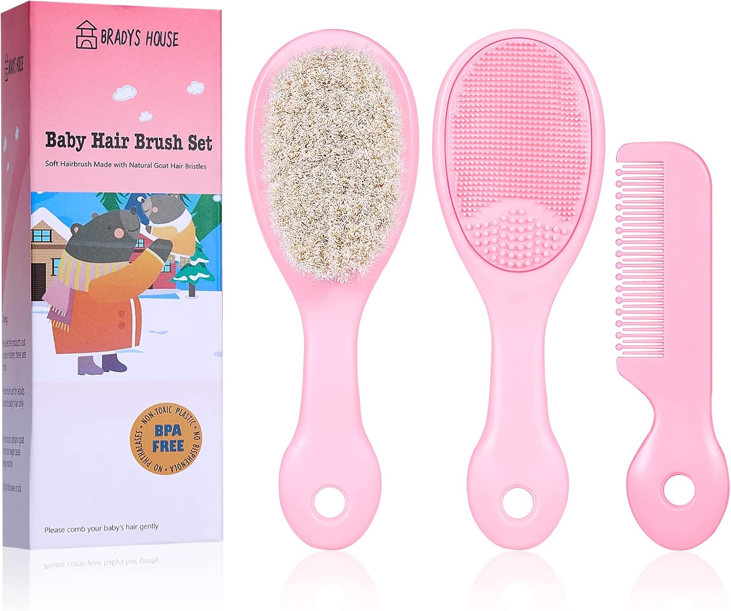 BRADYS HOUSE 3-Piece Baby Hair Brush & Comb Set - Soft Goat Bristle, Silicone Scalp Brush, Newborn Toddler Comb (Pink)
